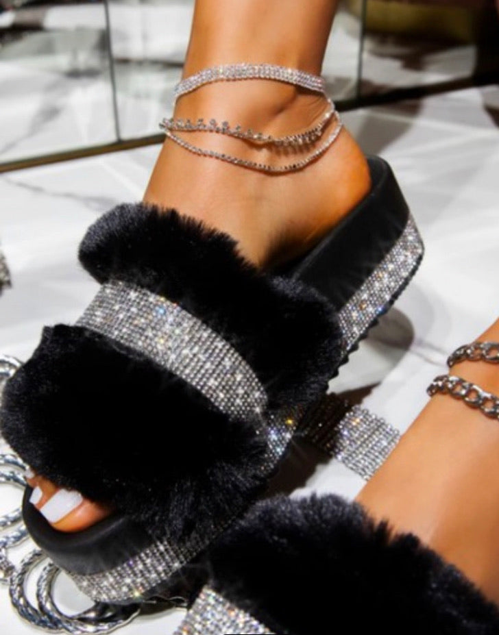 Rhinestone fur slide