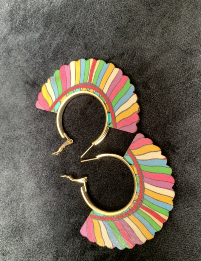 Multicolored Wooden Fan Earrings